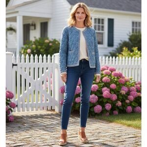 J.McLaughlin Blue Quilted Embroidered Cropped Cotton Jacket - Size Small